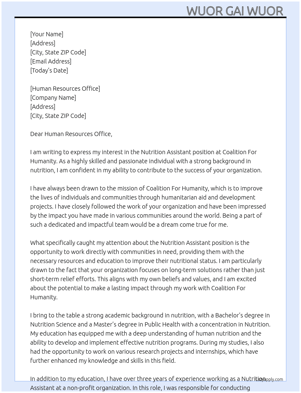 Cover letter for nutrition assistant - LazyApply
