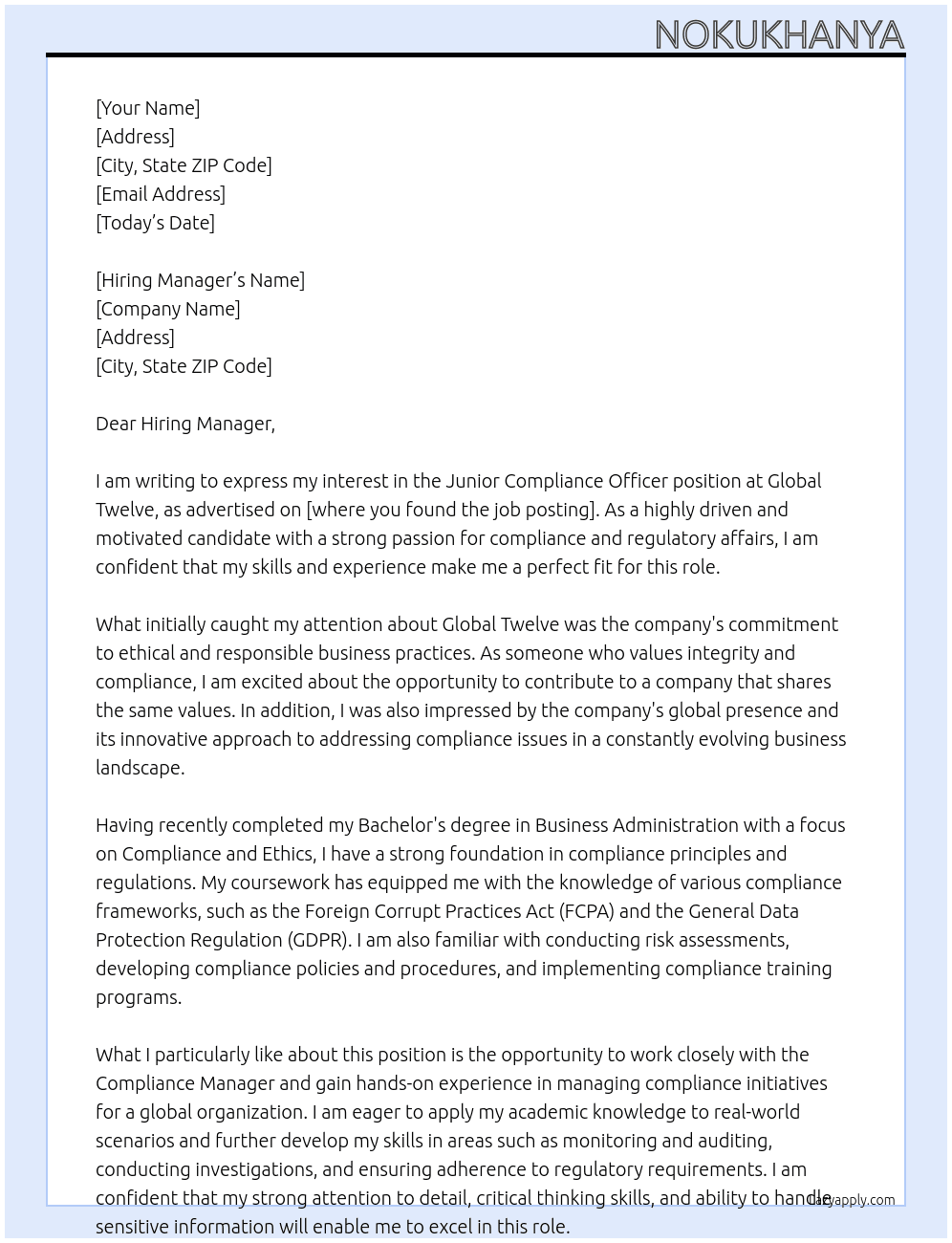 Junior Compliance Officer At Global Twelve Cover Letter