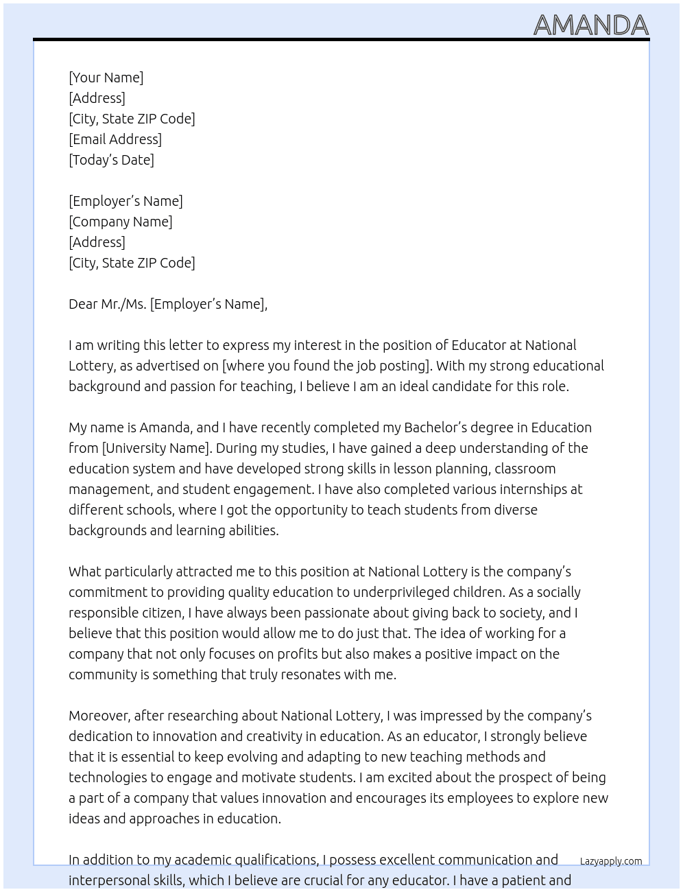 Educator At national lottory  Cover Letter