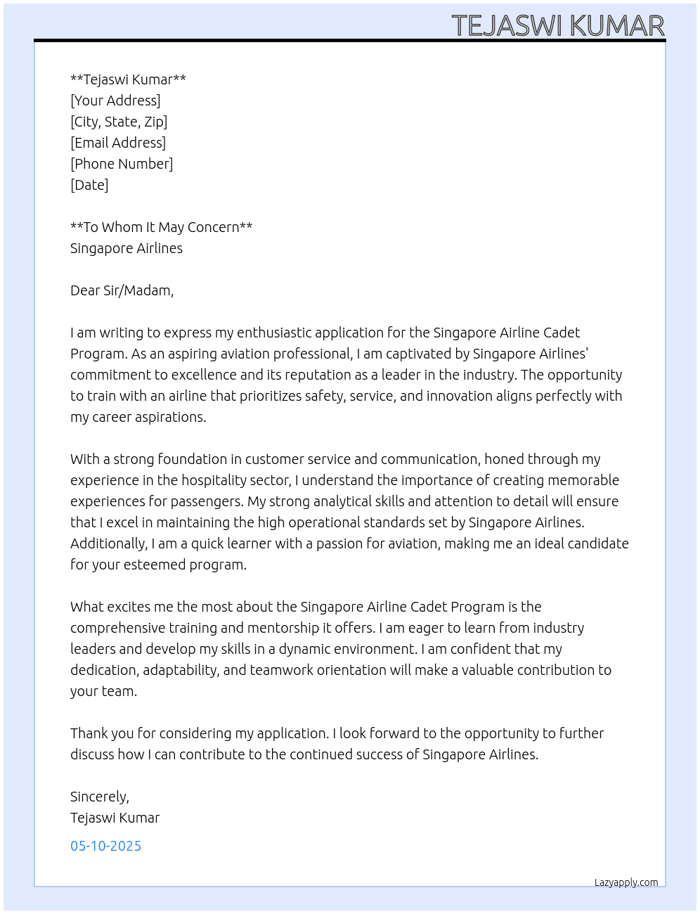 Cover letter for singapore airline cadet program - LazyApply