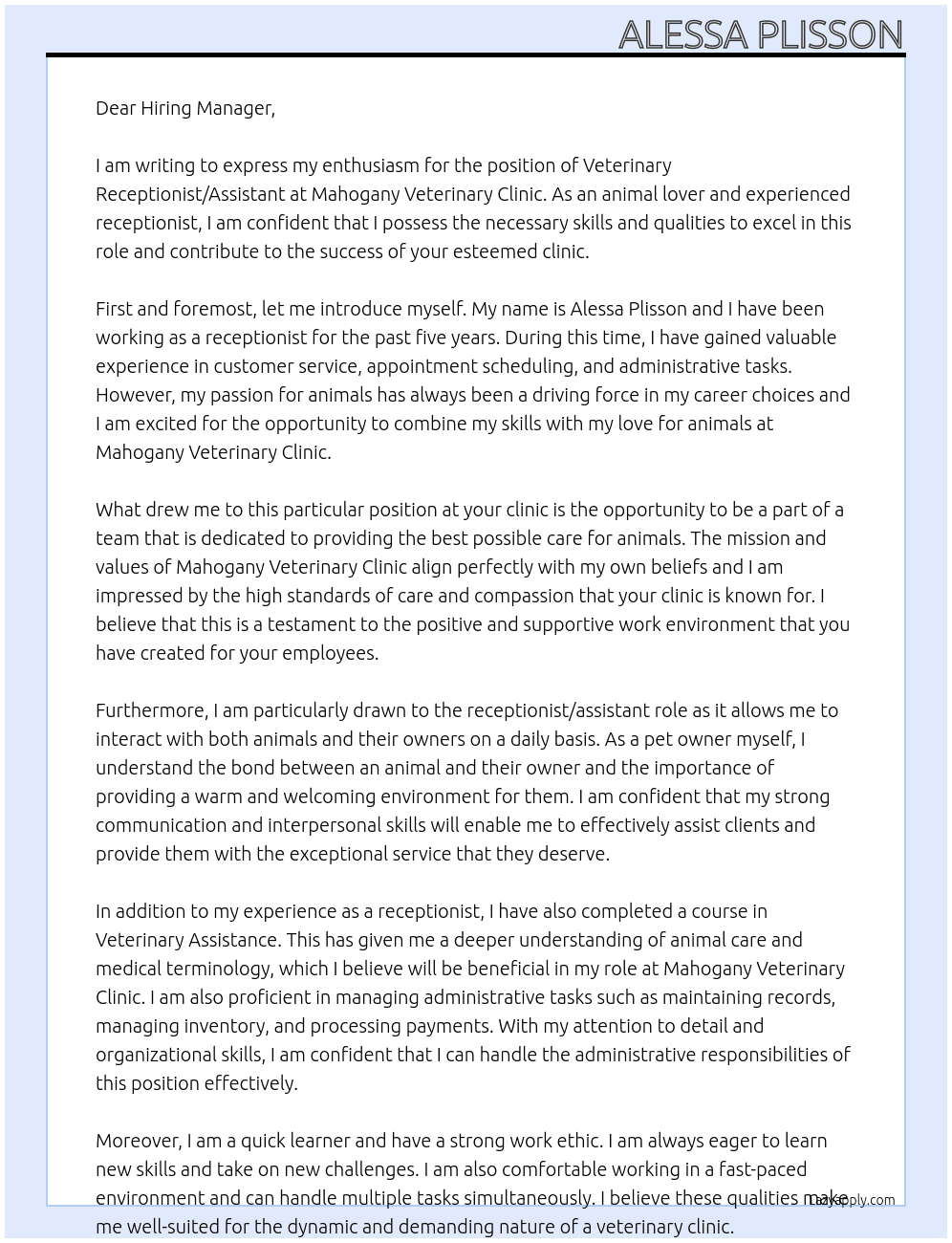 Veterinary Receptionist/Assistant At Mahogany Veterinary Clinic Cover Letter