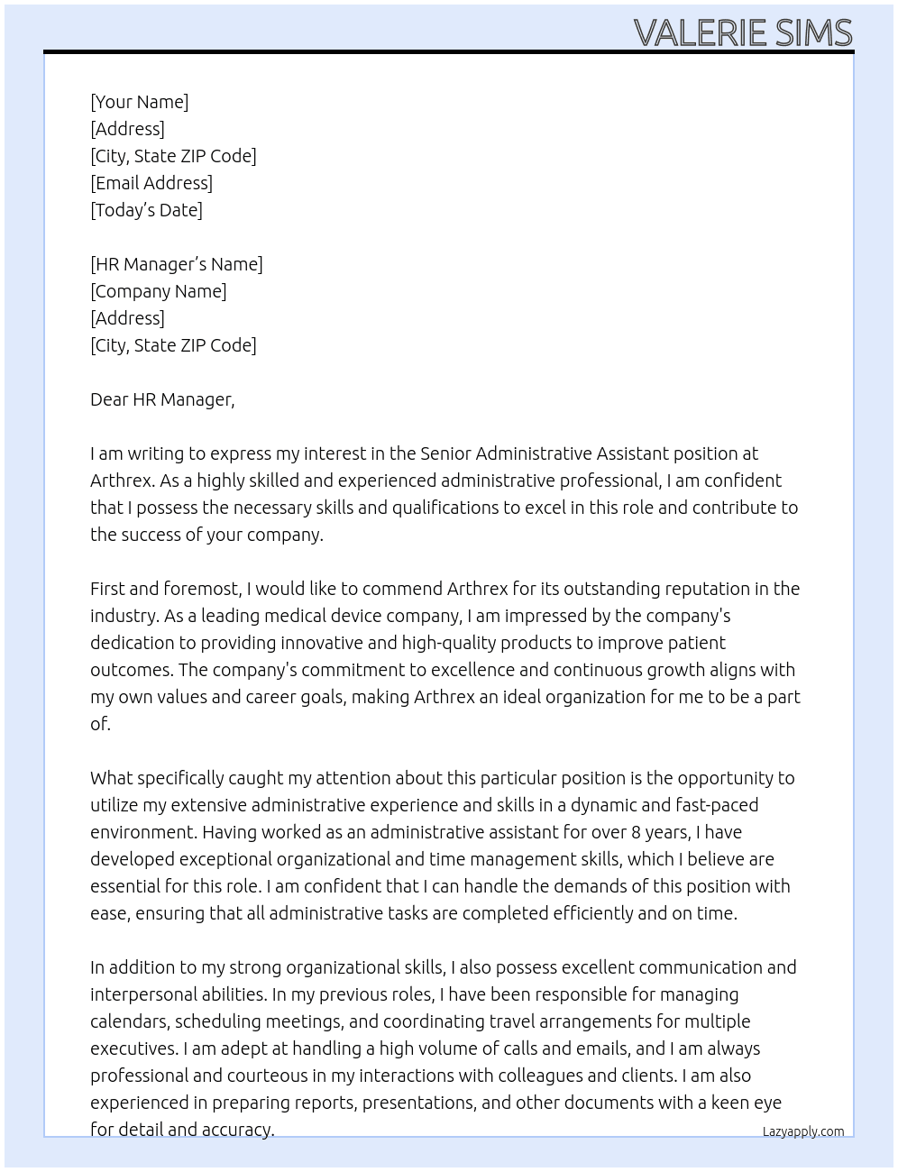 Senior Administrative Assistant At Arthrex Cover Letter