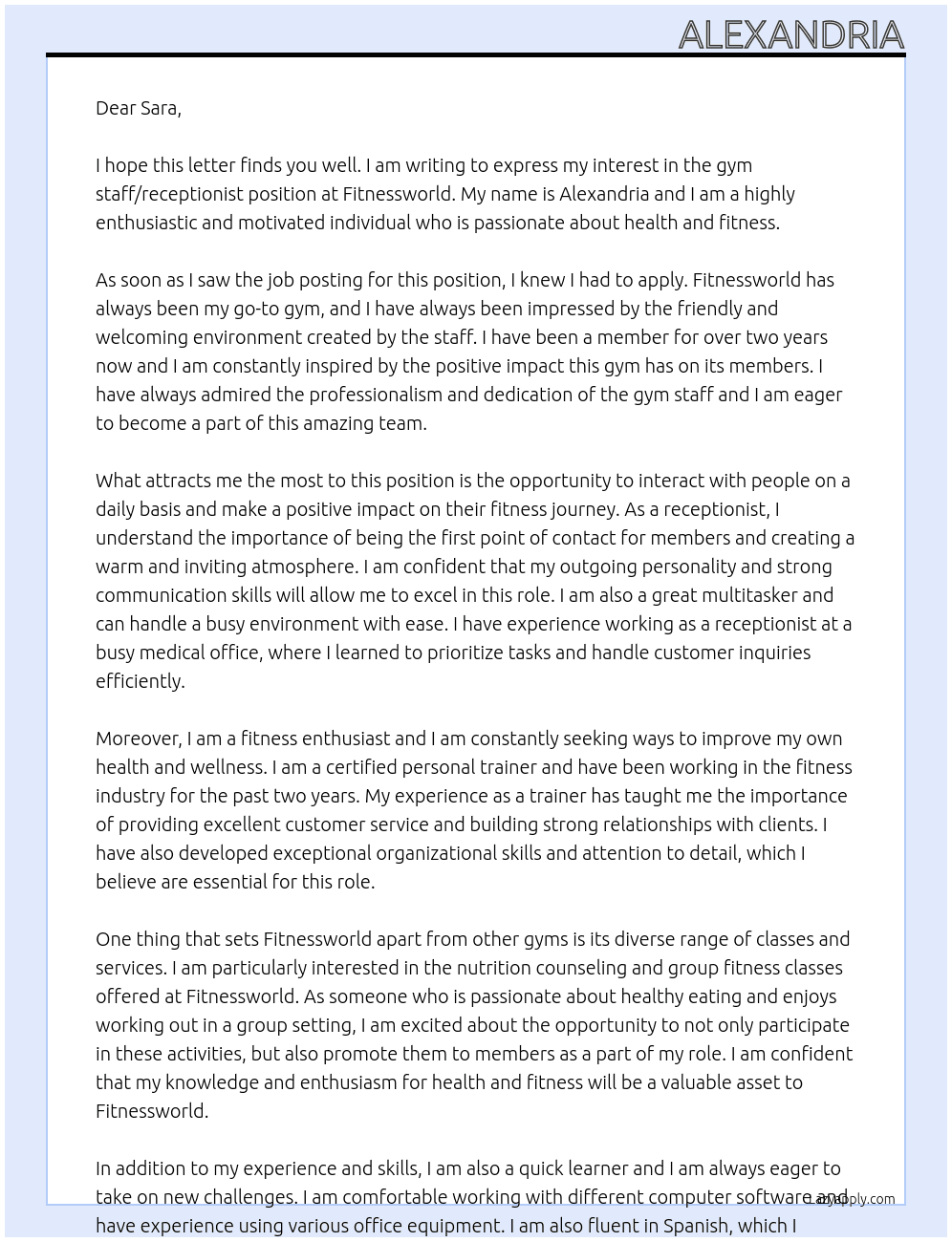 gym staff/receptionist At fitnessworld Cover Letter