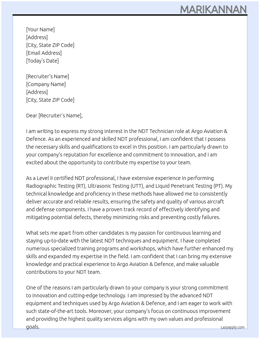 NDT - Permanent Position At Argo Aviation & Defence Cover Letter