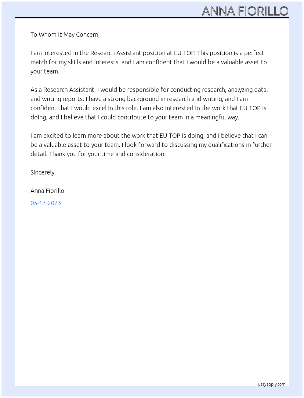Research Assistant At EU TOP Cover Letter