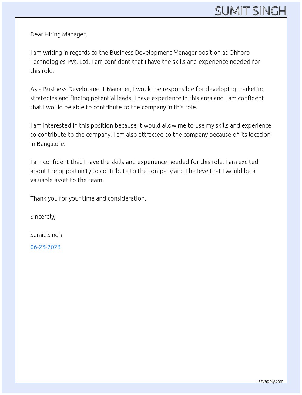 Business Development Manager  At Ohhpro Technologies Pvt.  Ltd. Cover Letter