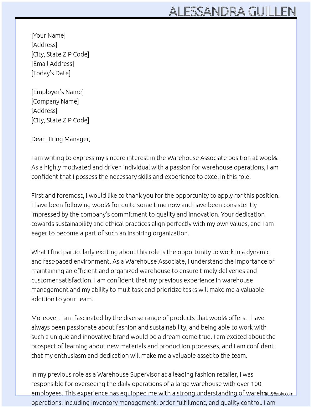 Warehouse Associate At wool& Cover Letter