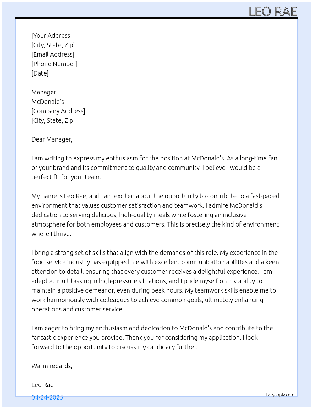 Cover letter for mcdonalds - LazyApply