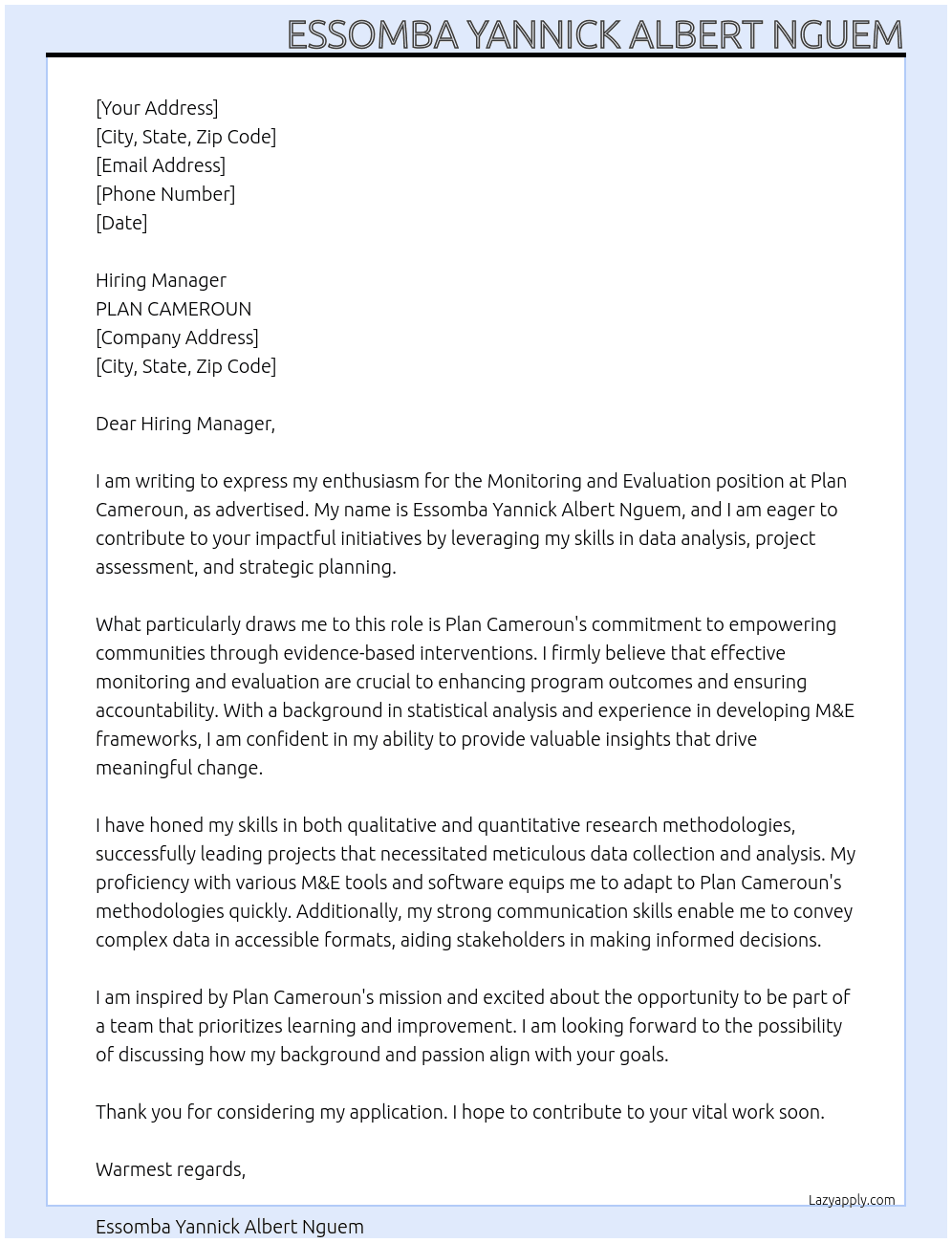 Cover letter for monitoring evaluation - LazyApply
