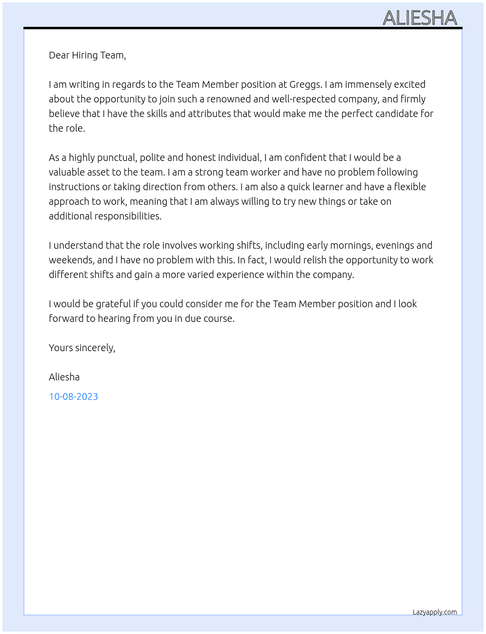 Team Member At Greggs Cover Letter