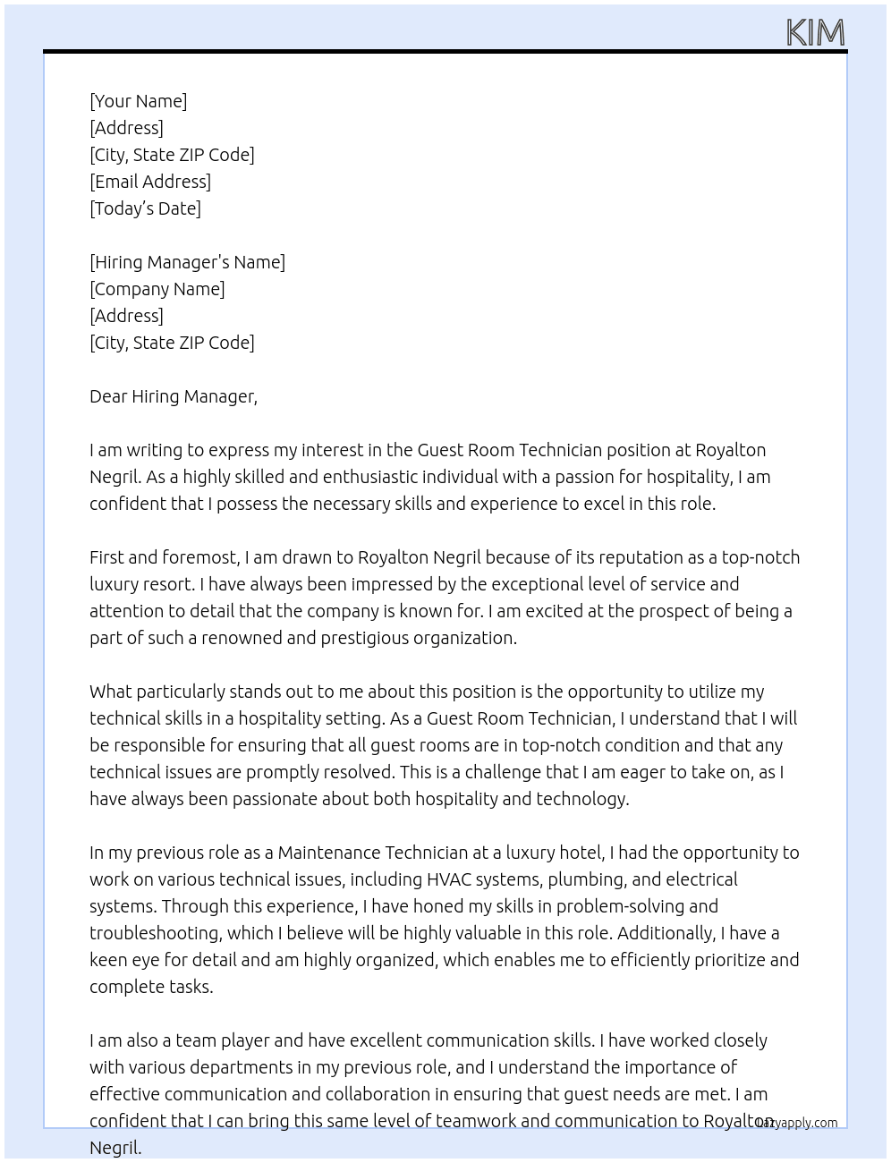 Guest Room Technician At Royalton Negril Cover Letter