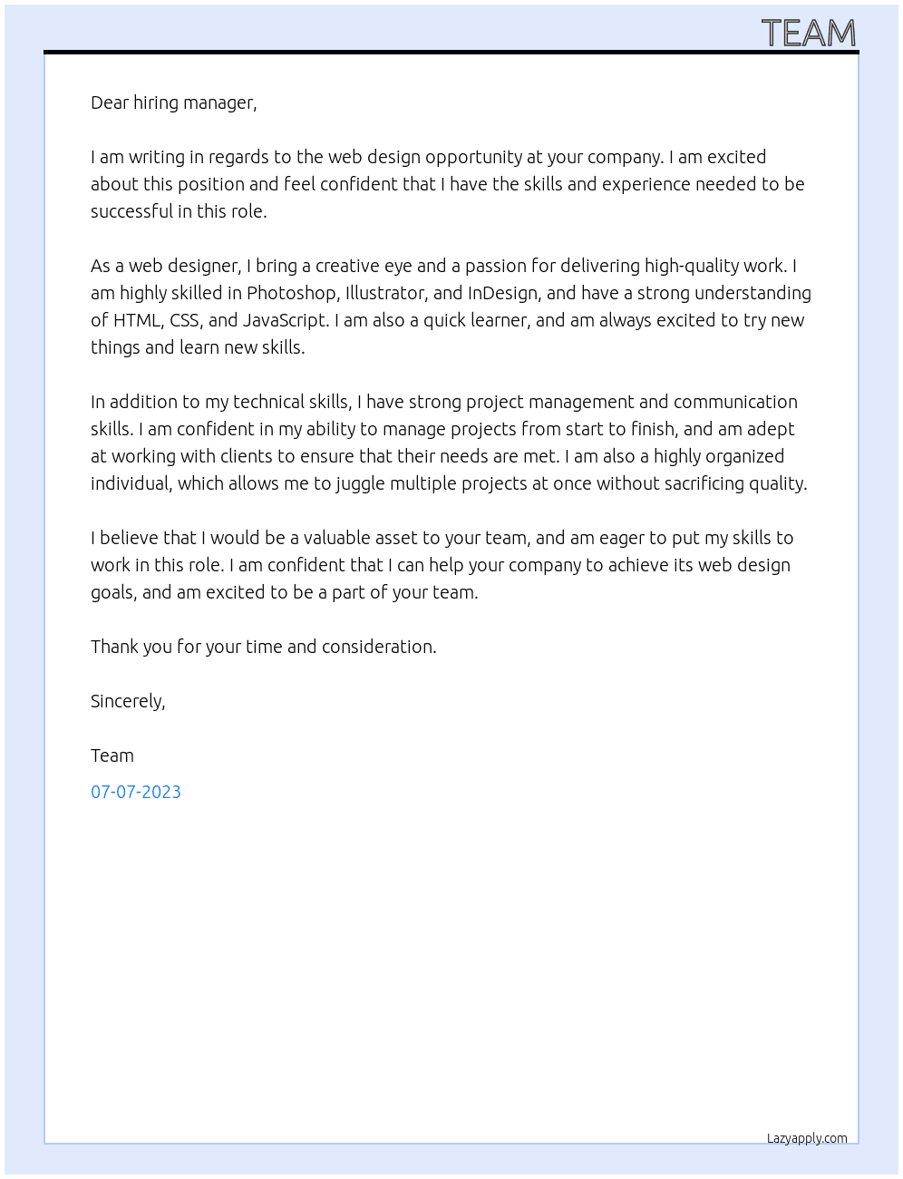 Web designer  At Web design opportunity  Cover Letter
