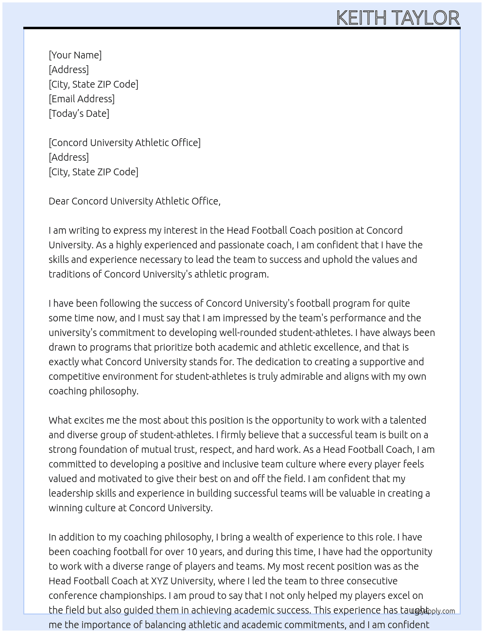 Head Football Coach  At Concord University Cover Letter