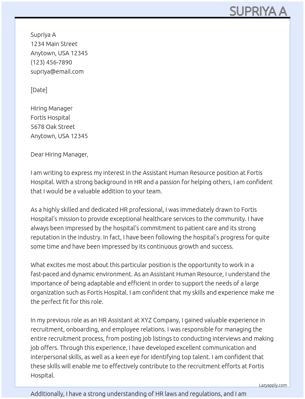 Assistant Human Resource At Fortis Hospital Cover Letter