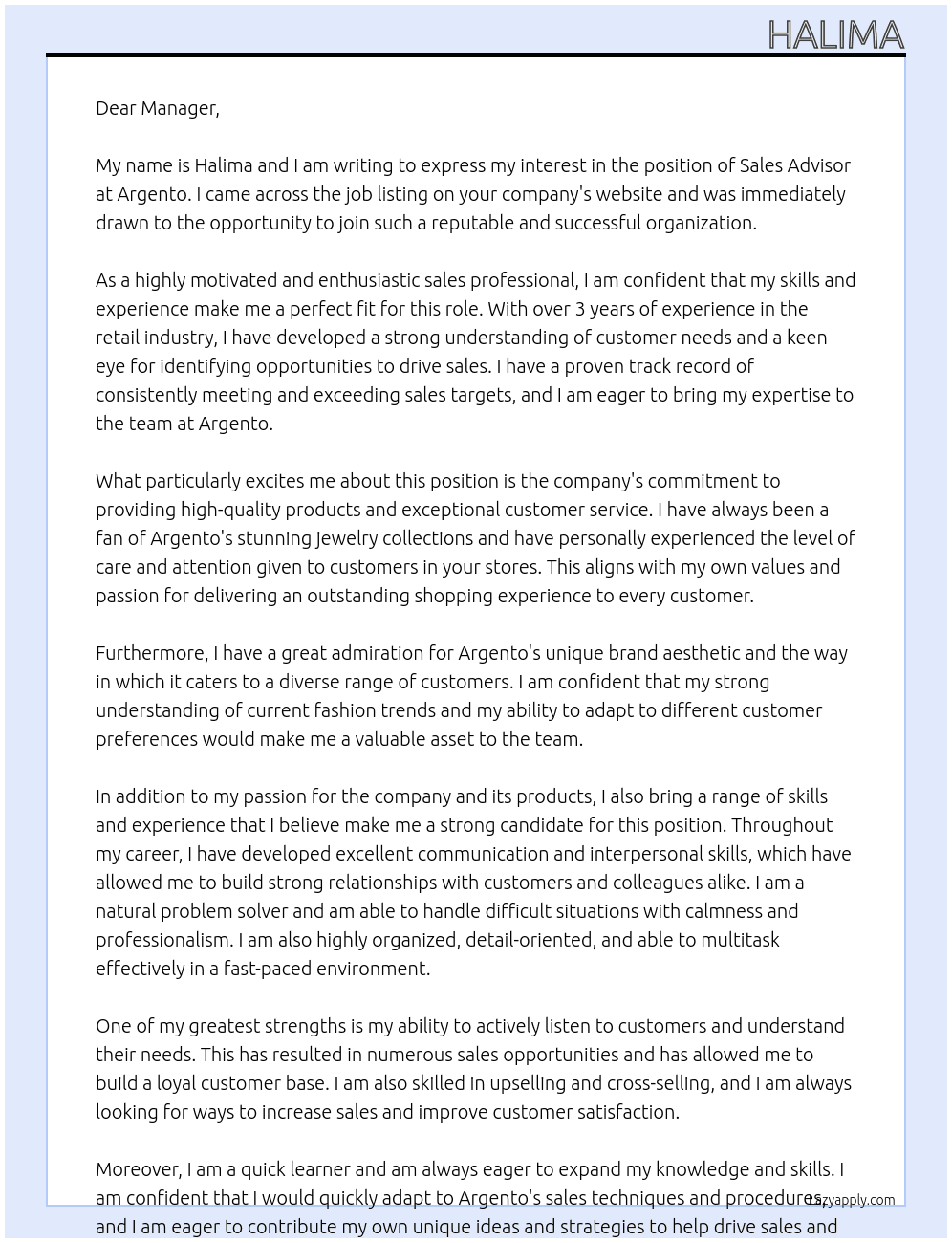 sales advisor At argento Cover Letter