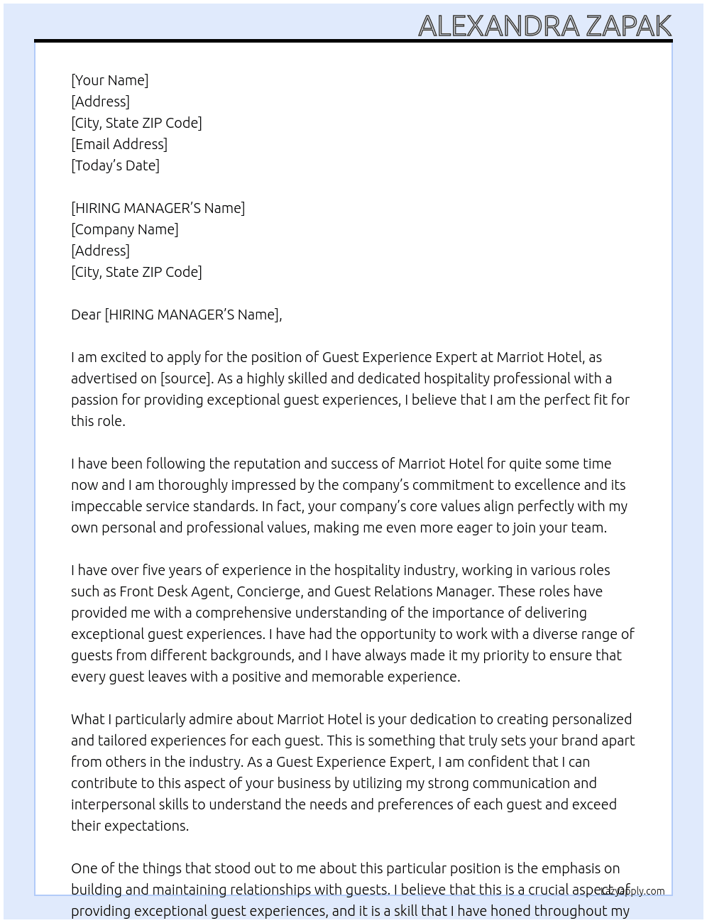 Guest Experience Expert  At Marriot Hotel  Cover Letter
