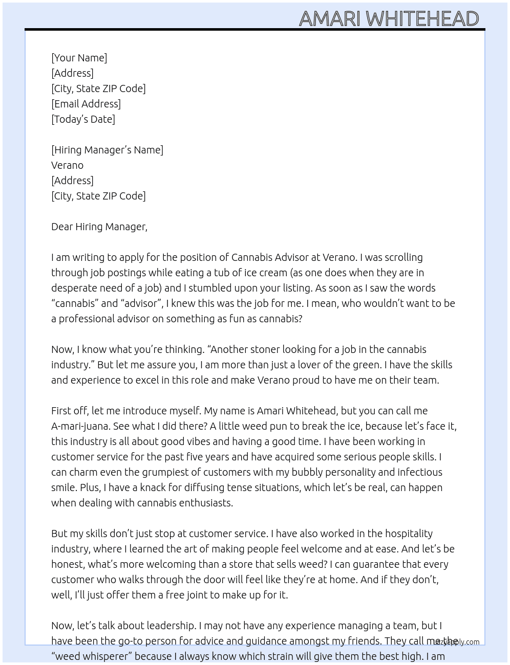 Cannabis Advisor  At Verano  Cover Letter
