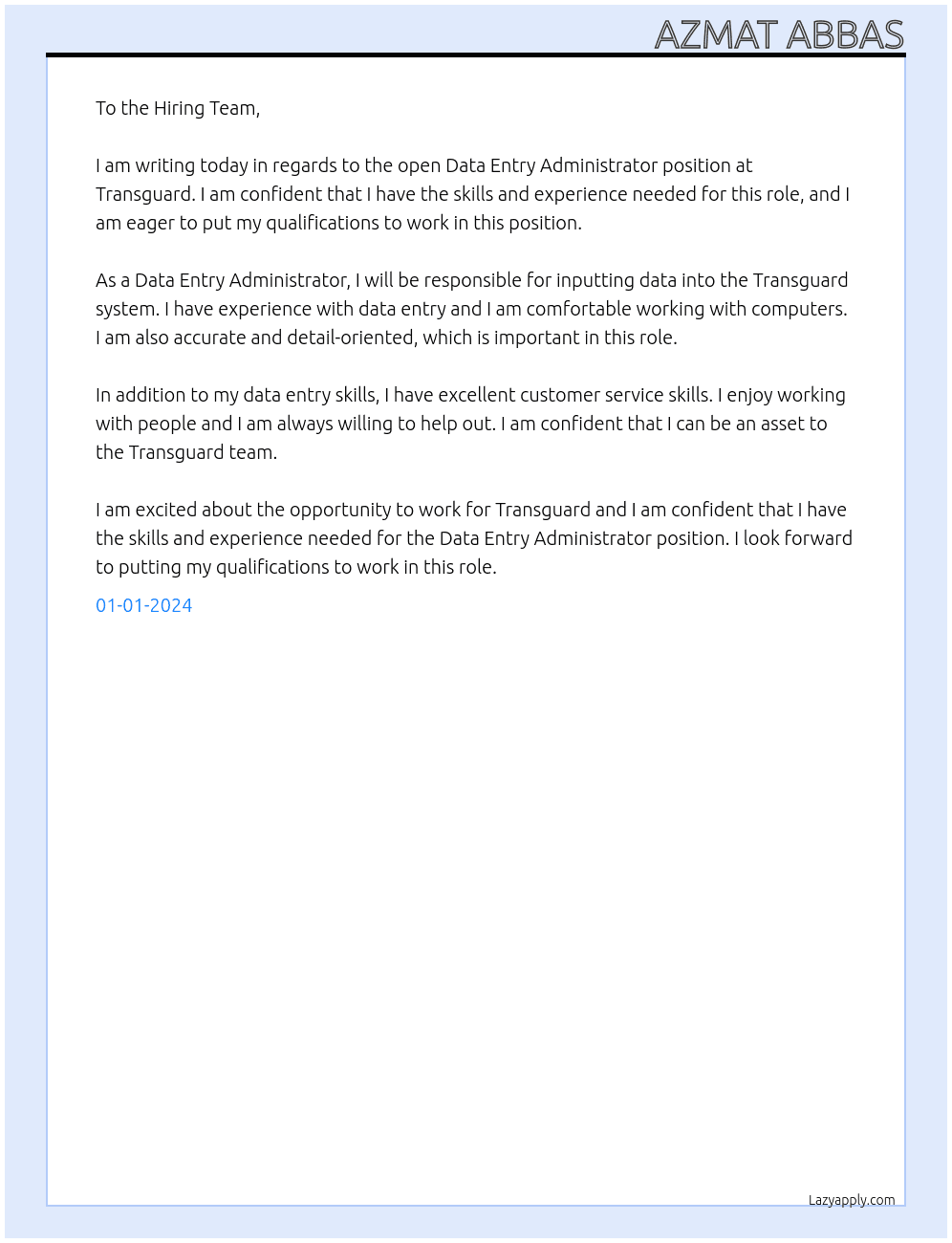 Data Entry Administrator  At Transguard Cover Letter