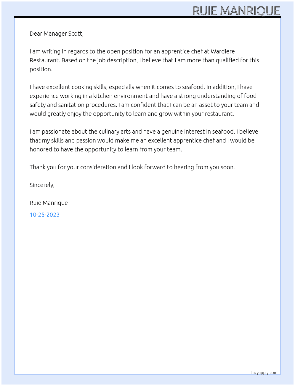 Apprentice Chef At Wardiere Restaurant Cover Letter