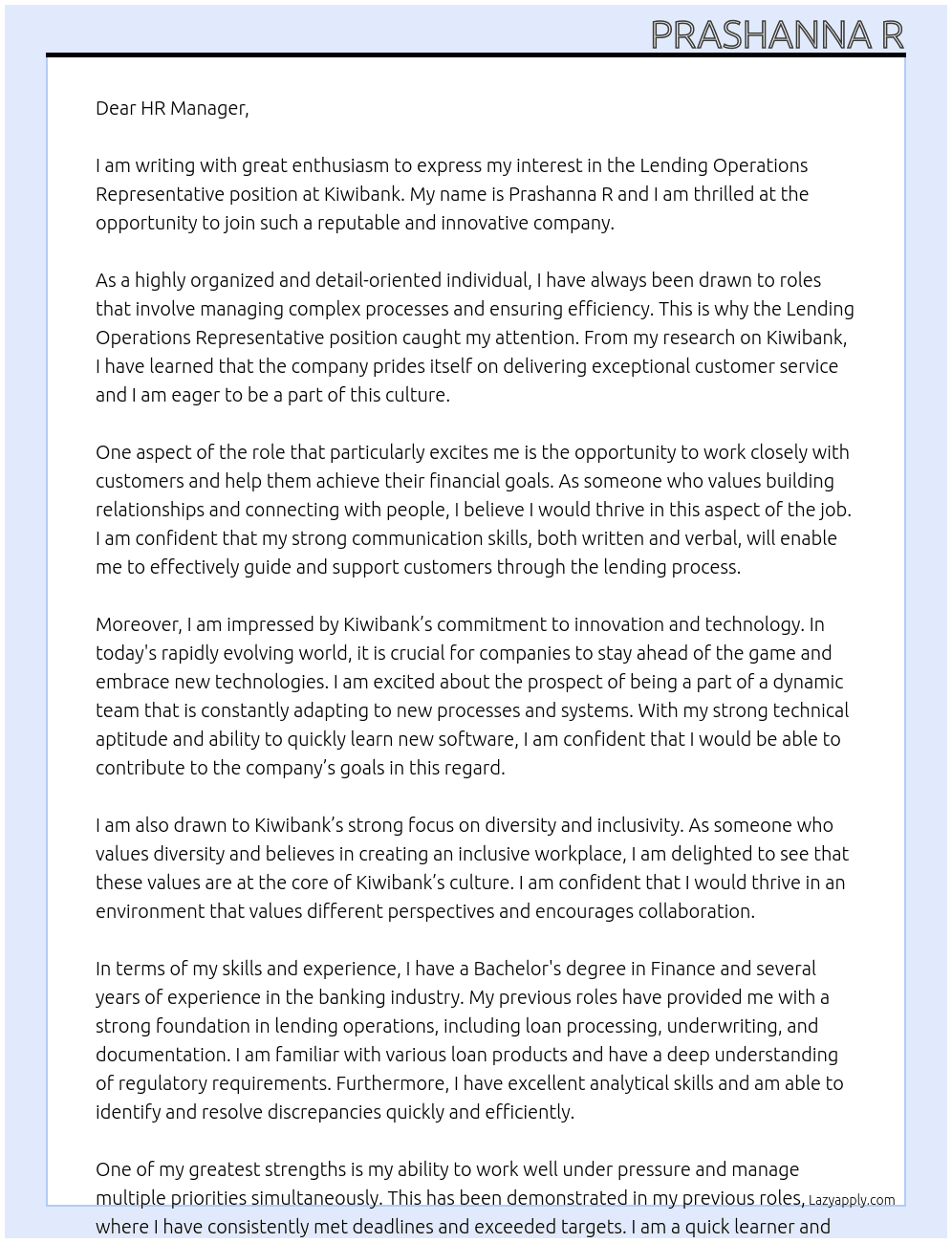 Lending operations representative  At Kiwibank Cover Letter
