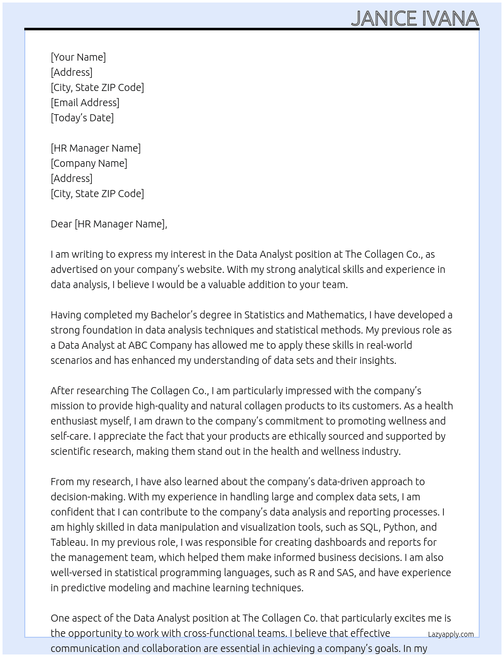 Data Analyst At The Collagen Co. Cover Letter