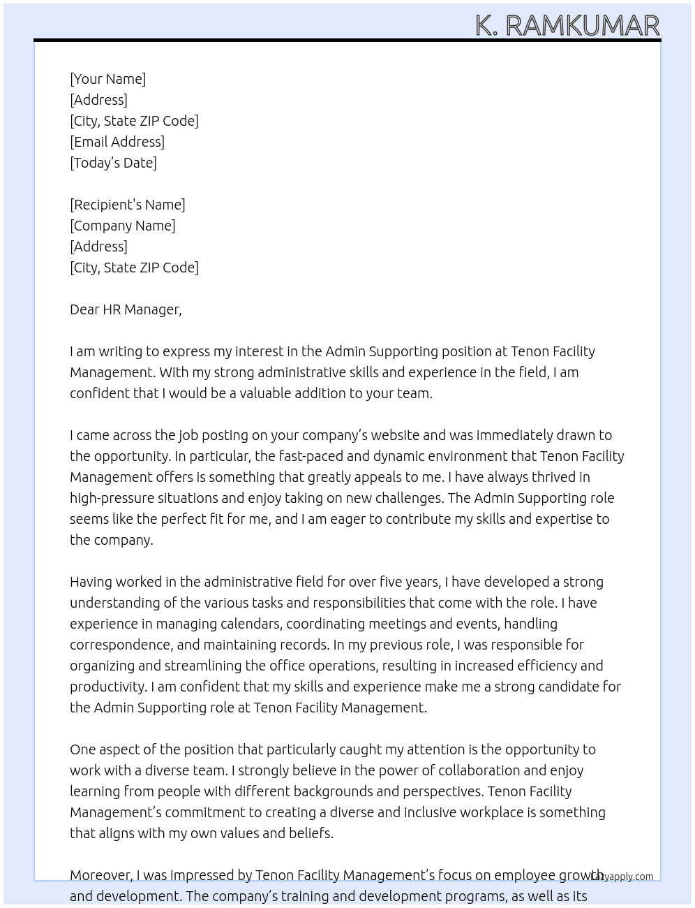 Admin Supporting At Tenon Facility management Cover Letter
