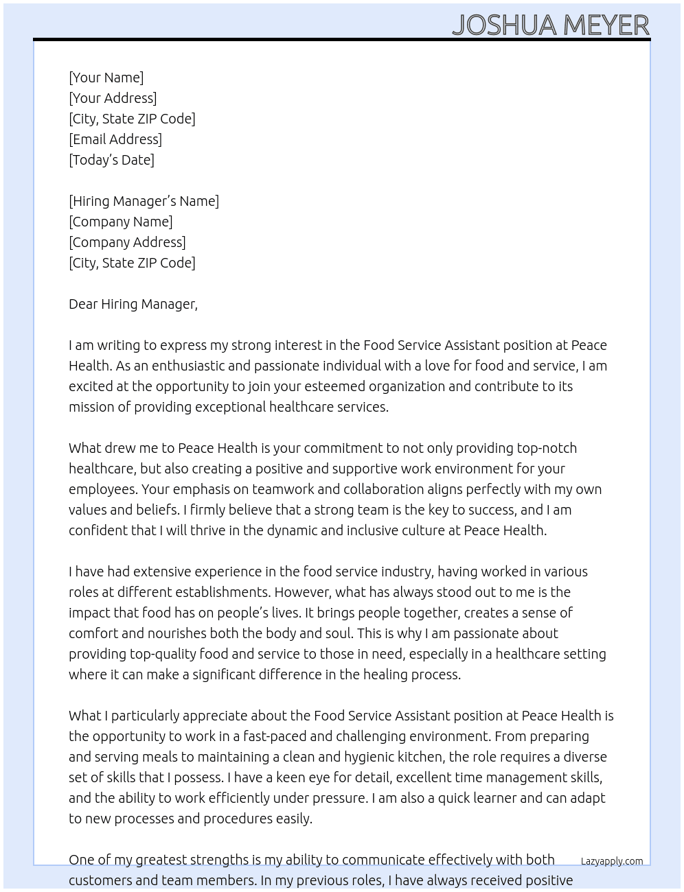  Food Service Assistant At Peace Health Cover Letter