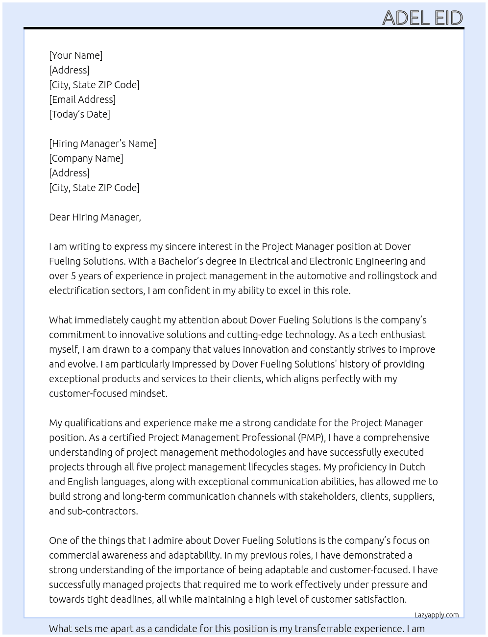 Project Manager At Dover Fueling Solutions Cover Letter