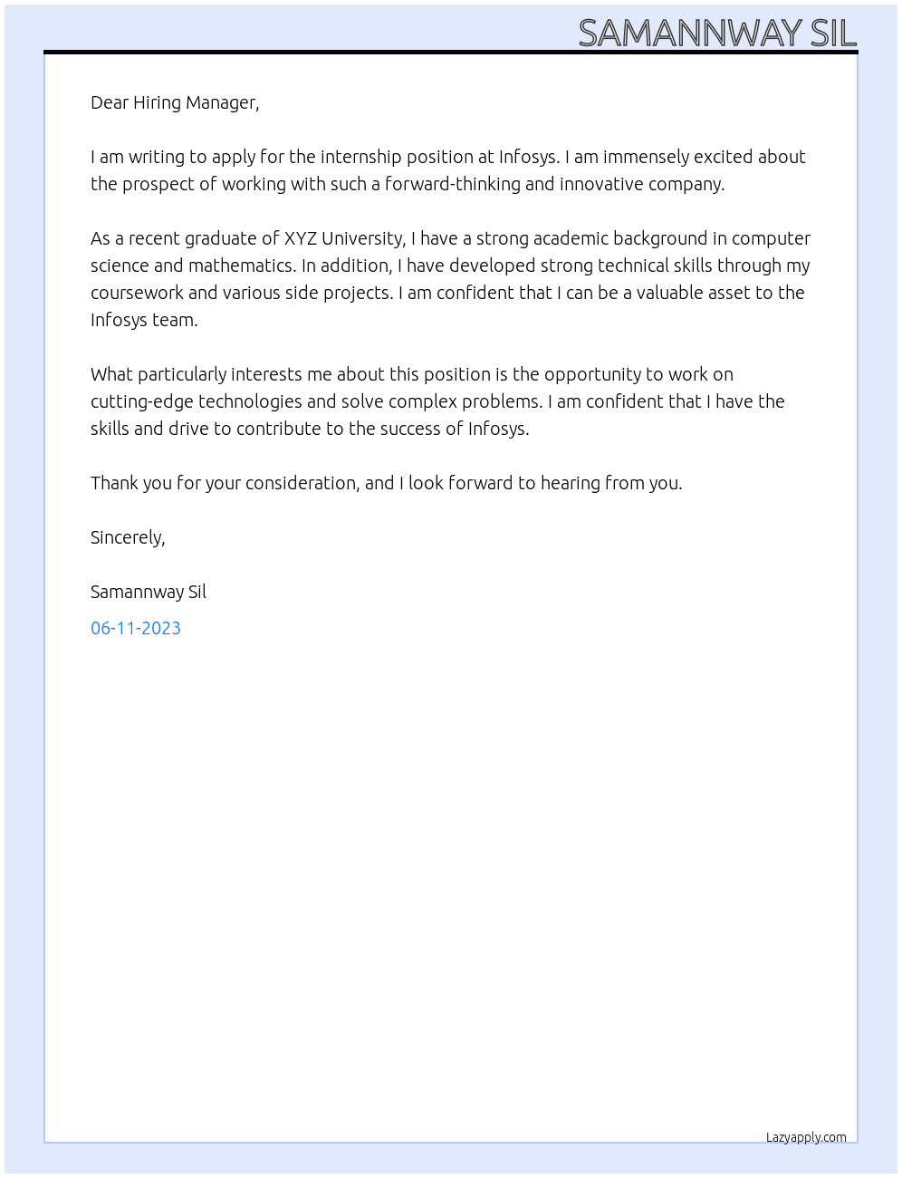Intenship At Infosys Cover Letter