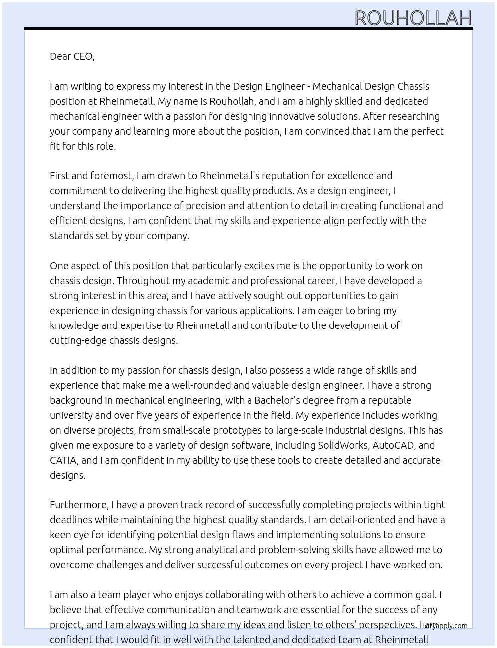 Design Engineer - Mechanical Design Chassis At rheinmetall Cover Letter