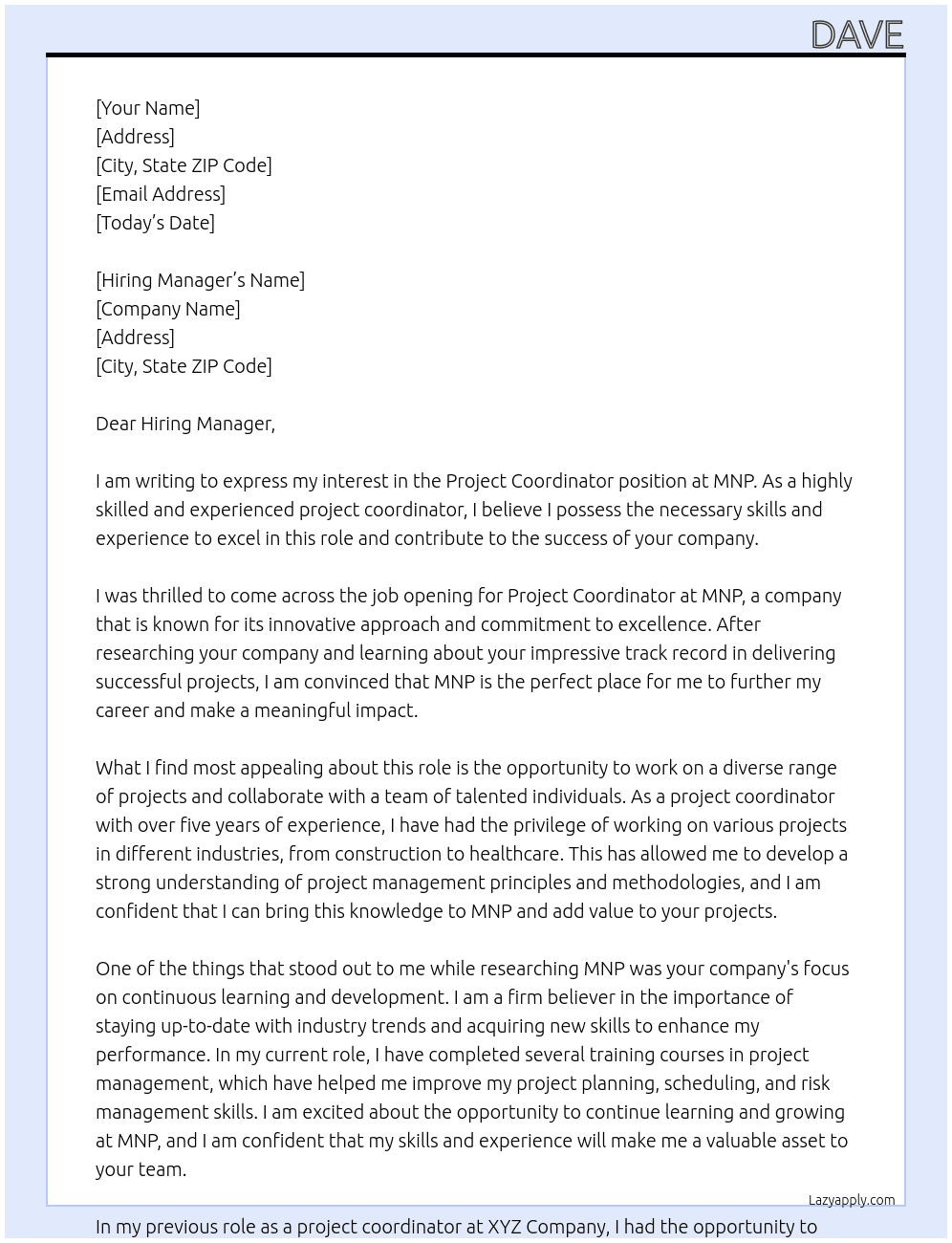 Project Coordinator At MNP Cover Letter