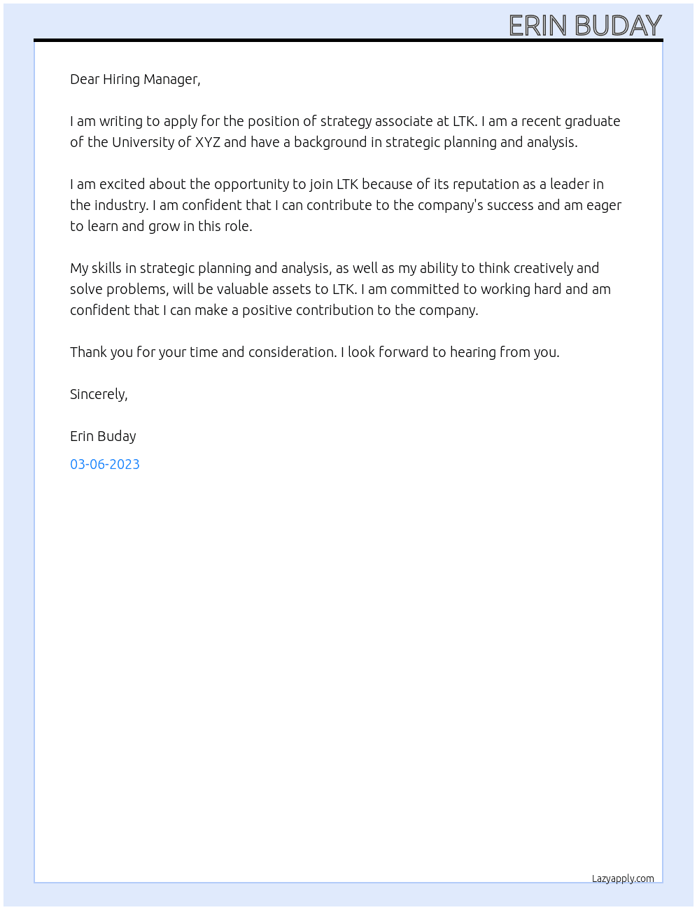 strategy associate At LTK Cover Letter