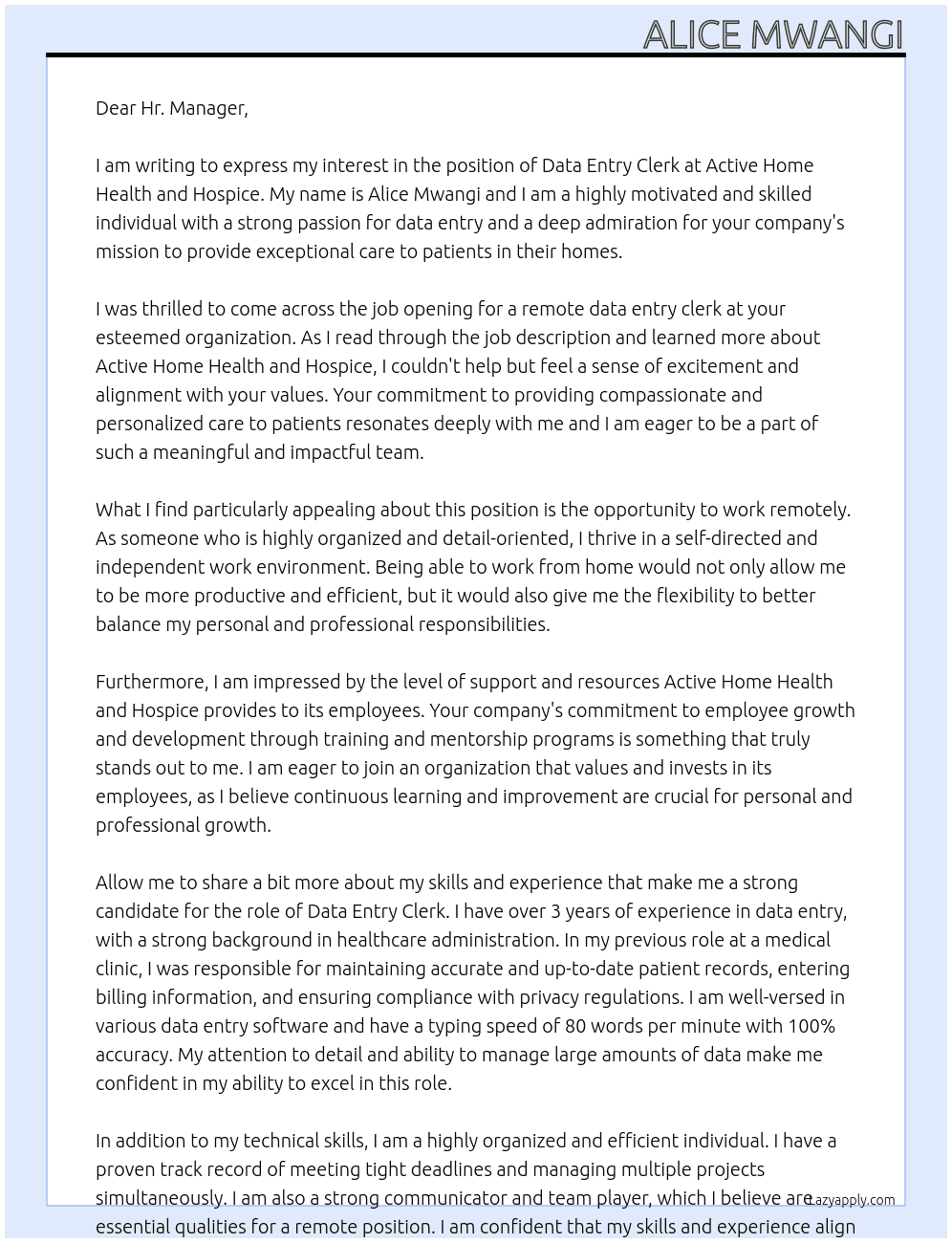 Data entry clerk (remote) At Active Home Health and Hospice Cover Letter