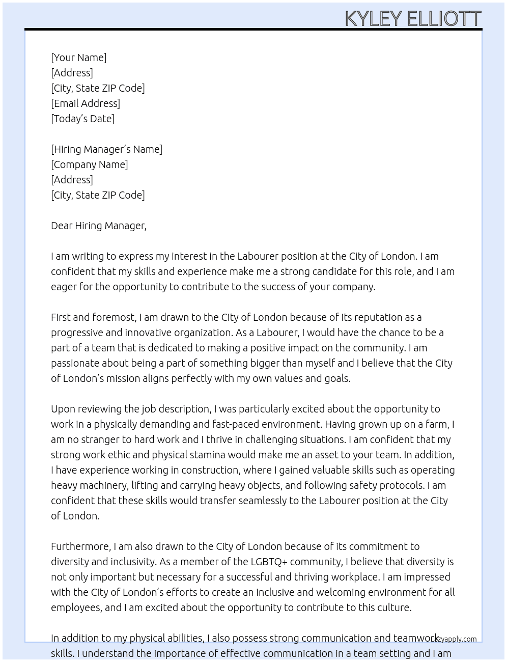 Labourer At City of London Cover Letter