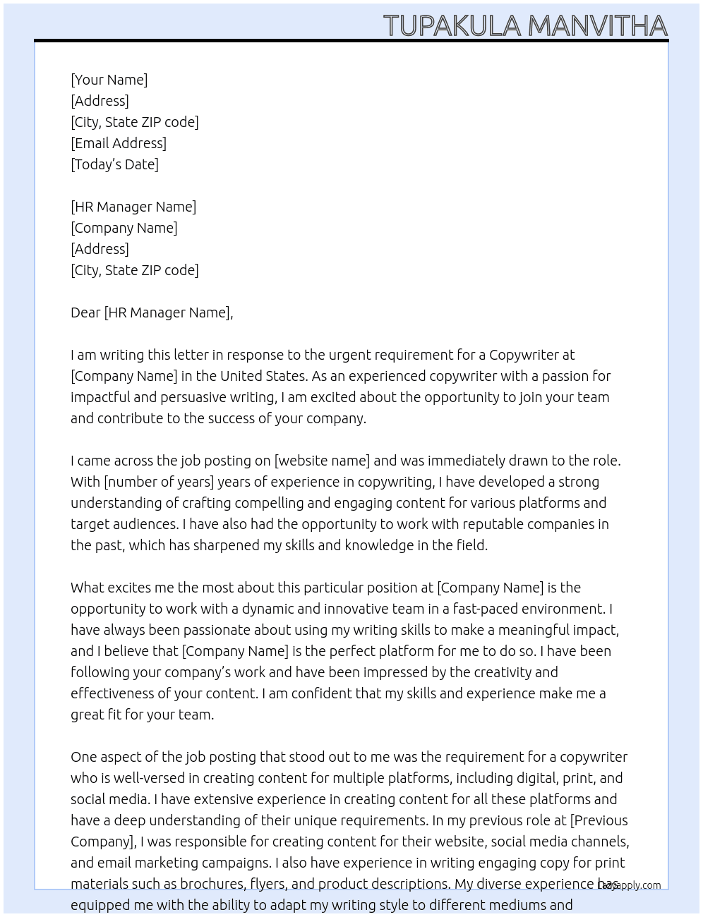 copy writing At United States Cover Letter