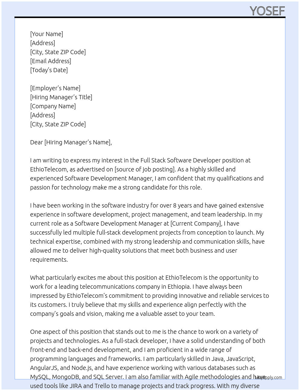 full stack software developer At ethiotelecom Cover Letter