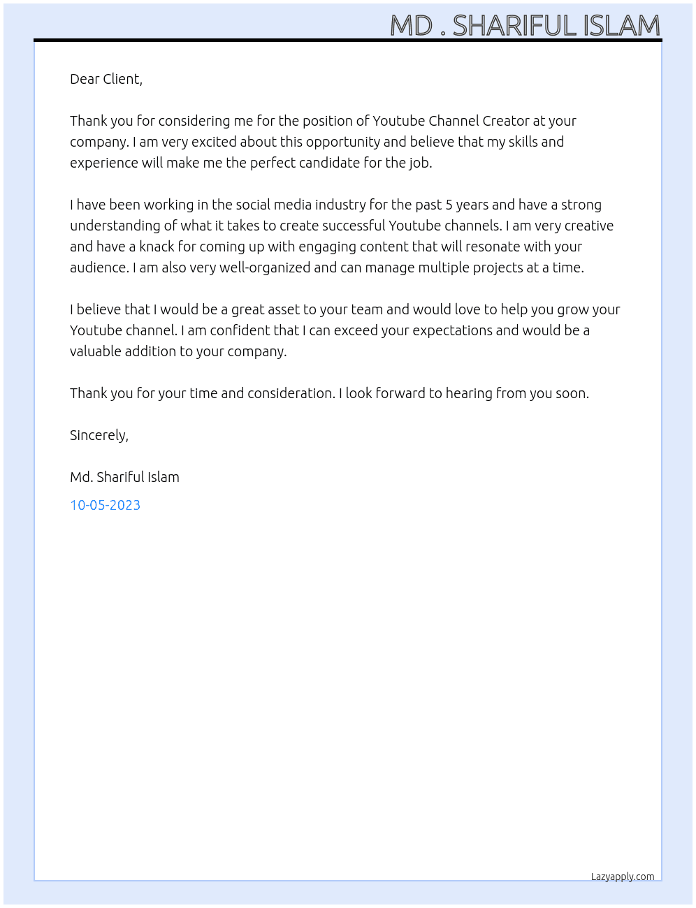 Youtube Channel Create At Fiver Cover Letter