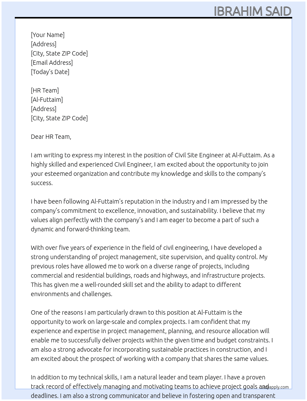 Civil Site Engineer At Al-Futtaim Cover Letter