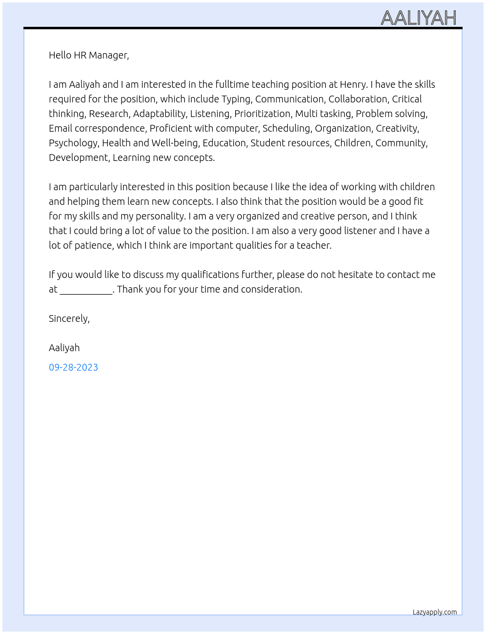 teacher At Henry Cover Letter