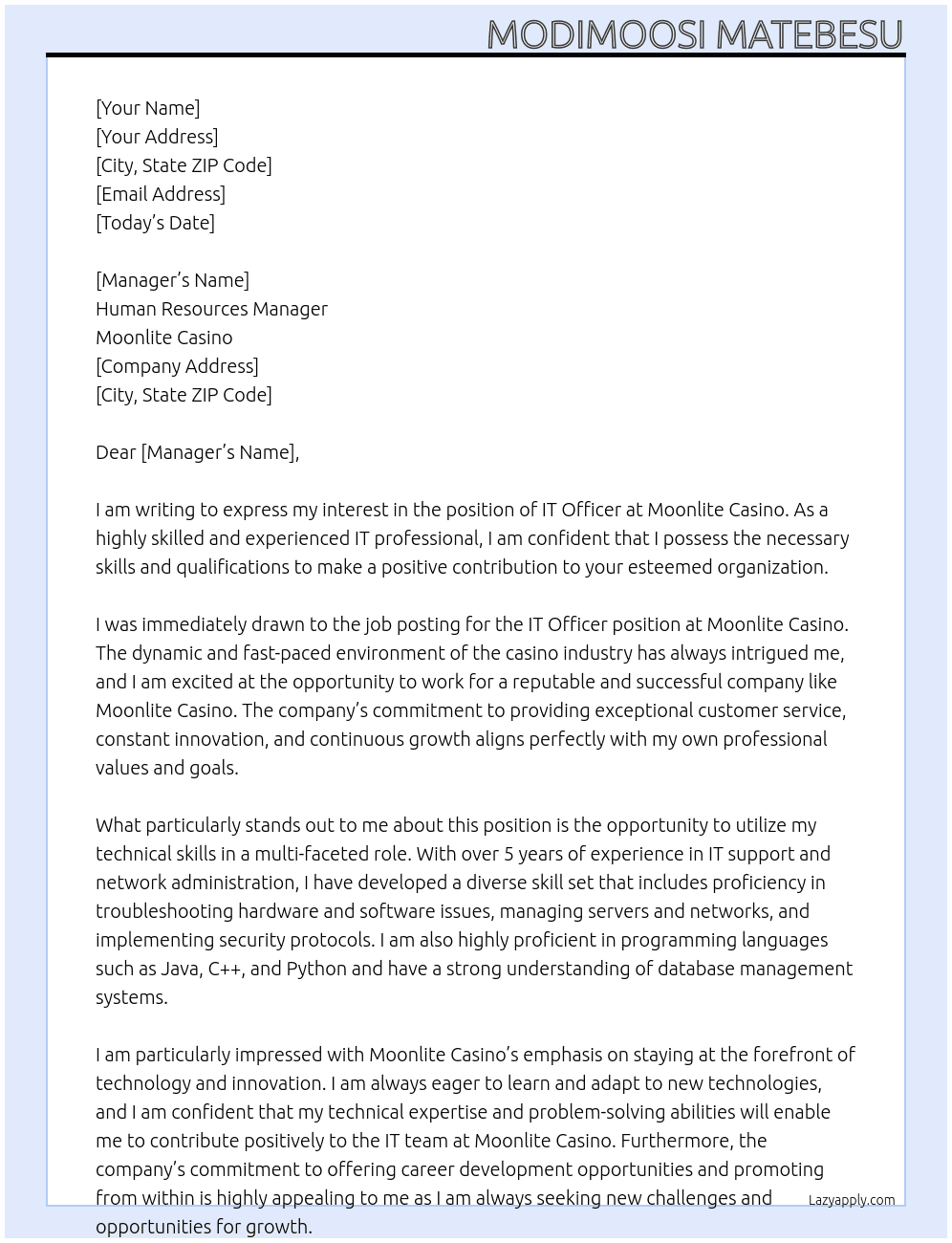 IT Officer At Moonlite Casino Cover Letter