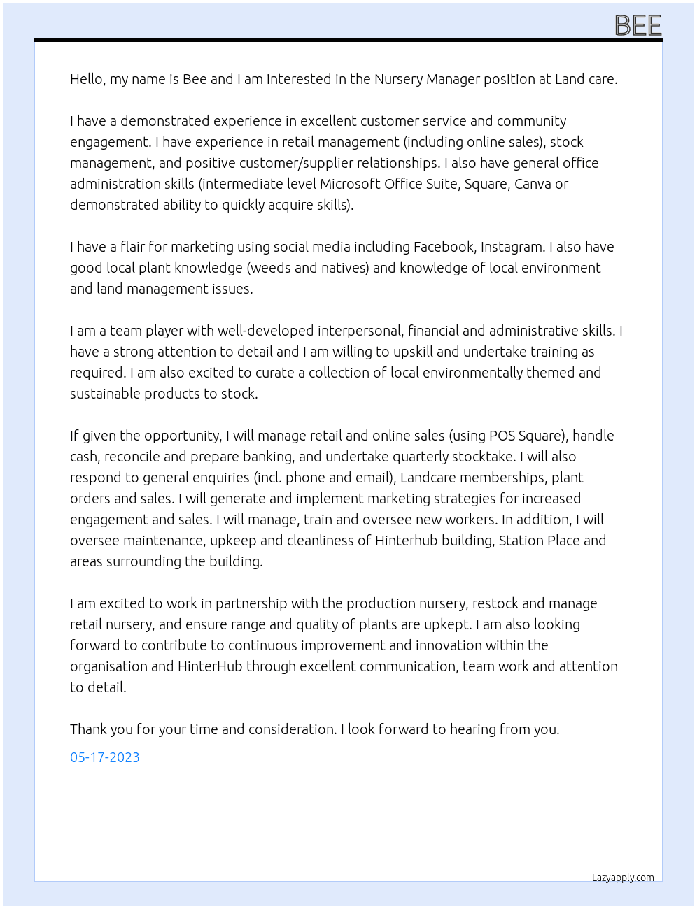 Nursery Manager  At Land care Cover Letter