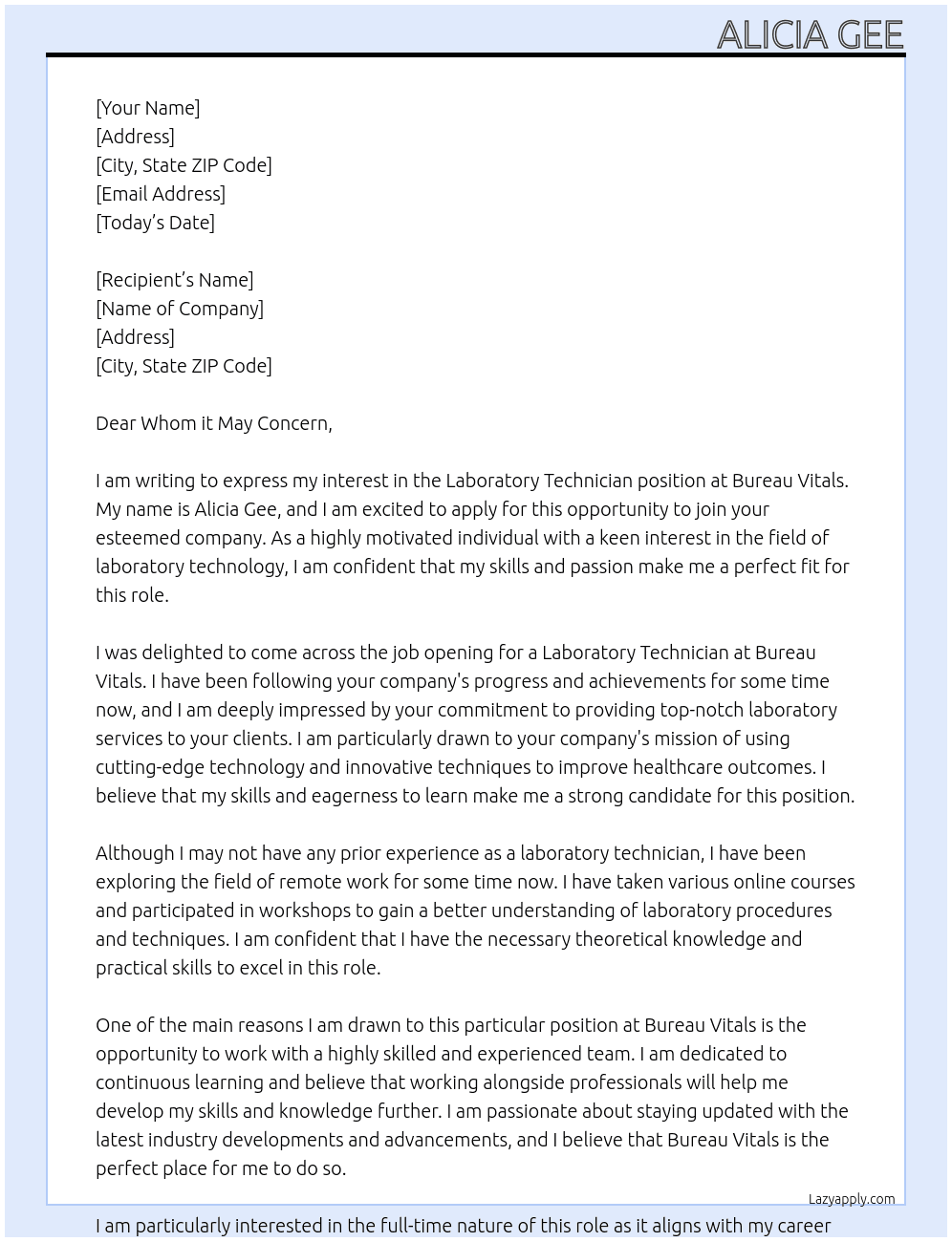 Laboratory technician  At Bureau vitials  Cover Letter