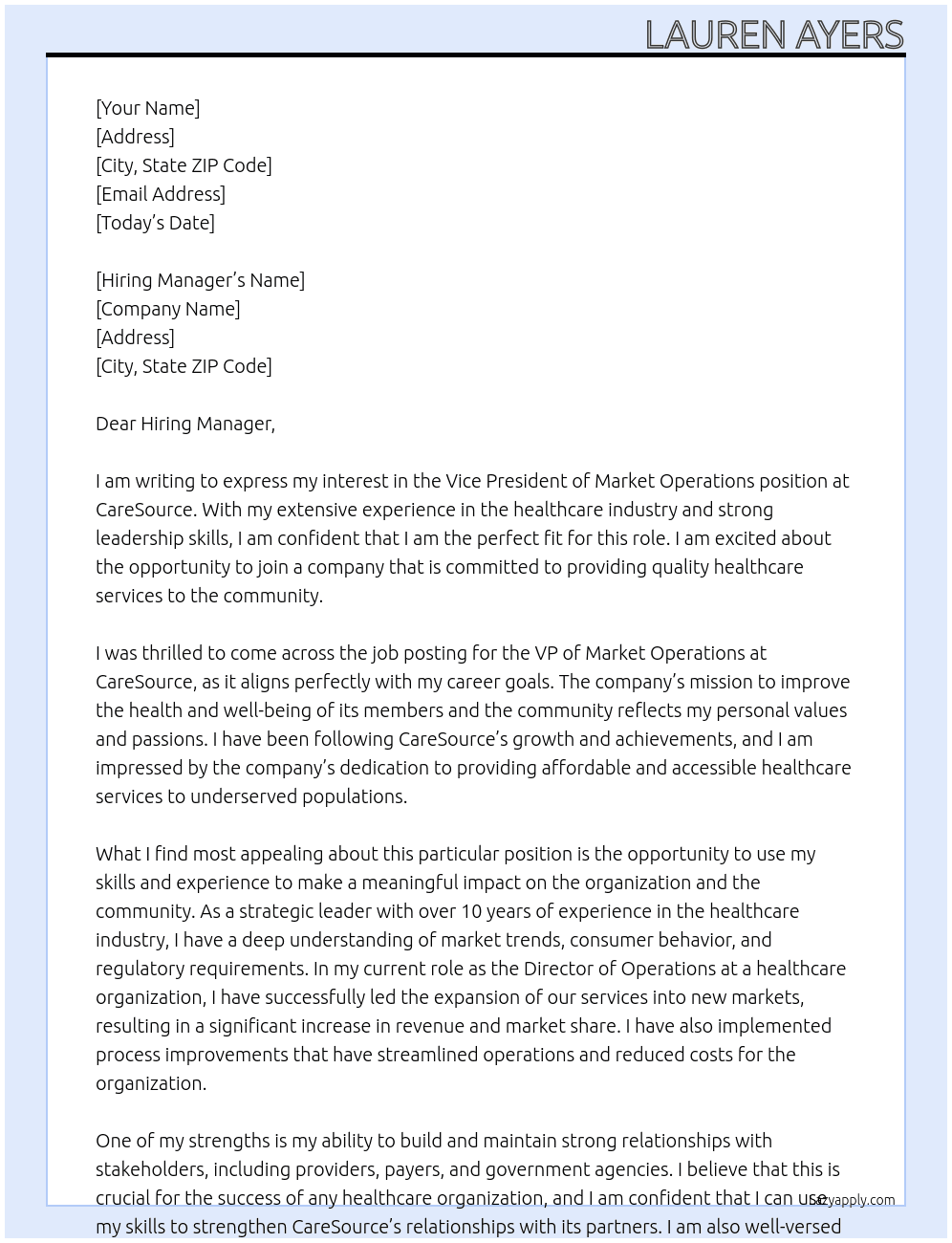 VP Market Operations At CareSource Cover Letter