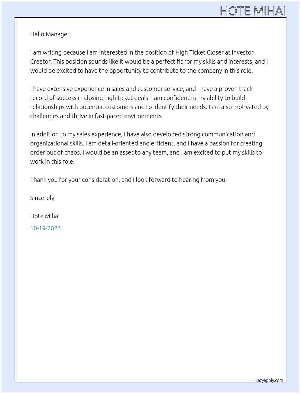 Hight ticket clouser At Investor Creator Cover Letter