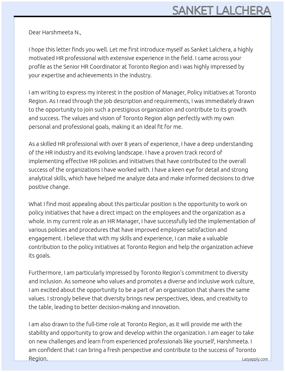 Manager, Policy Initiatives At Toronto Region  Cover Letter