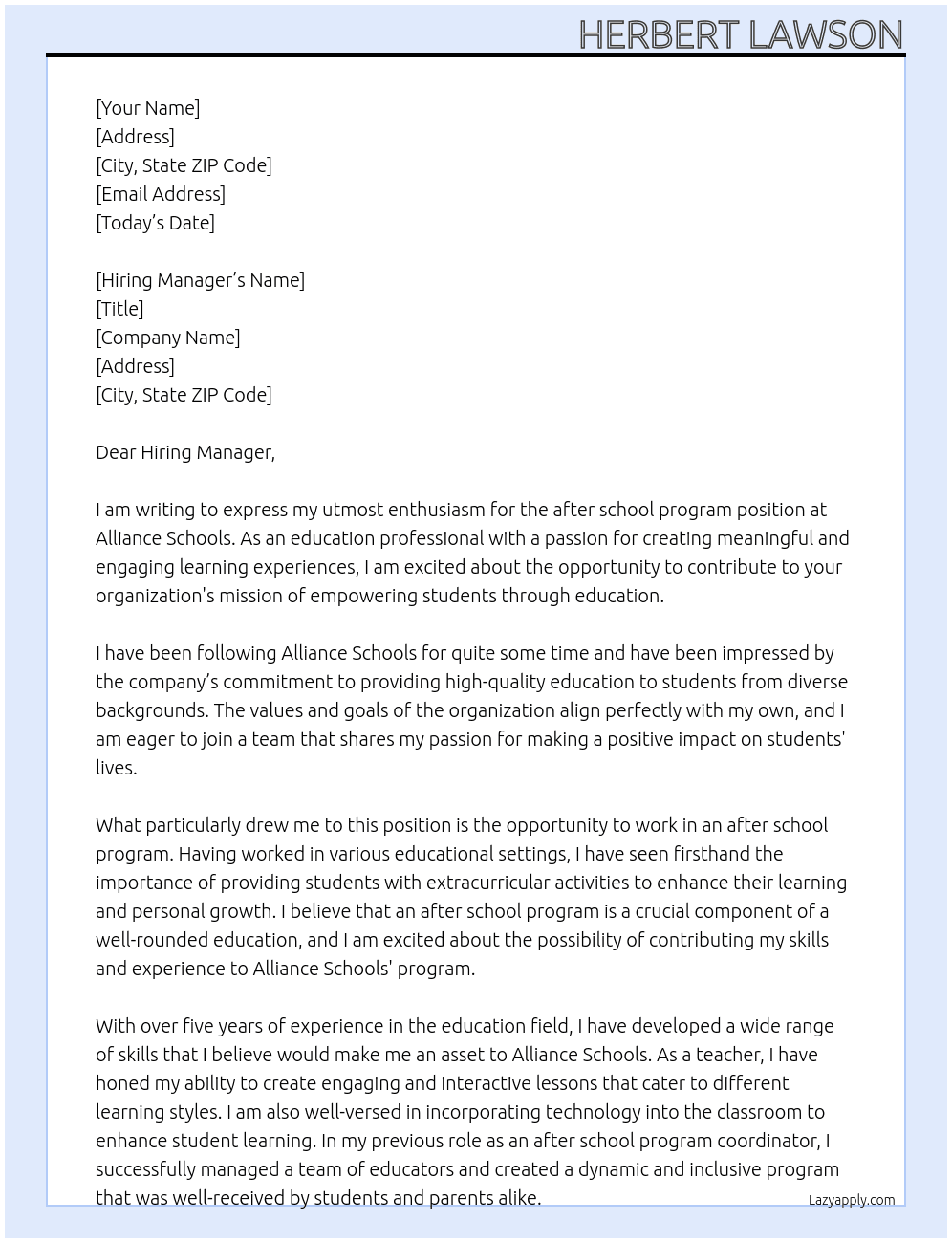 after school program At Alliance Schools Cover Letter