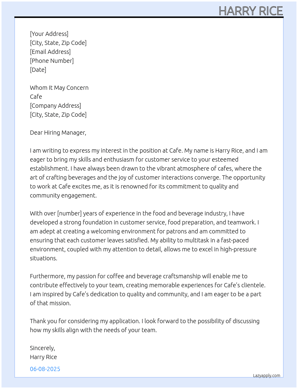 Cafe At Cafe Cover Letter