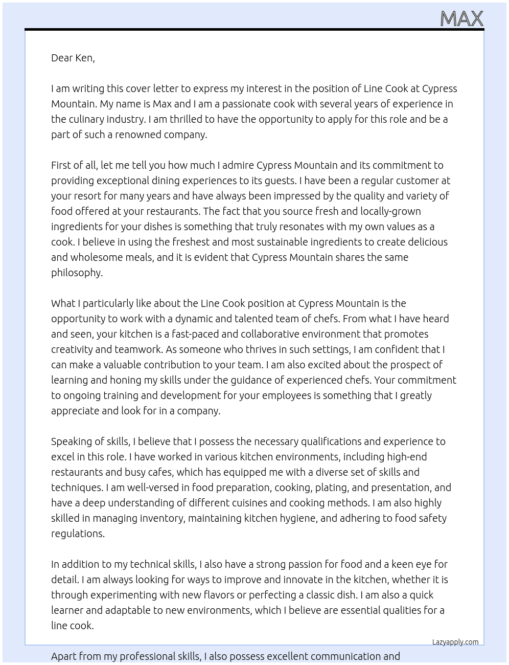 Line Cook At Cypress Mountain Cover Letter