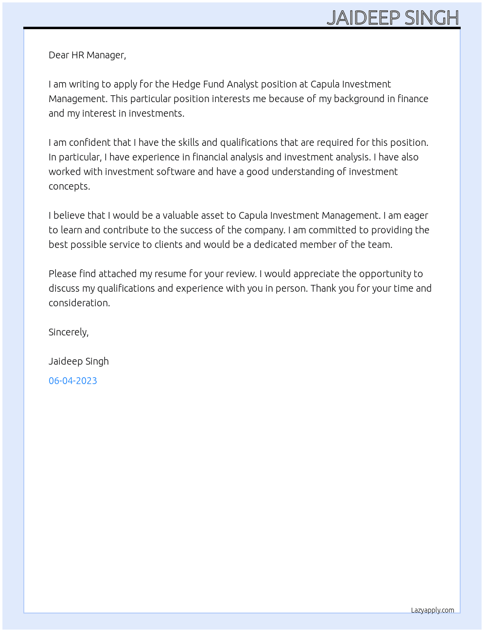 Hedge Fund Analyst At Capula Investment Management Cover Letter