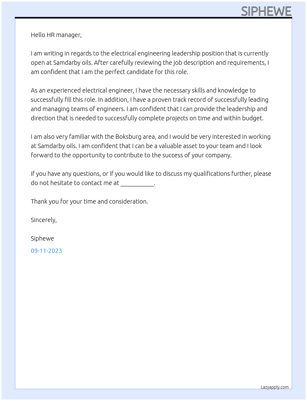 Electrical engineering leadership  At Samdarby oils  Cover Letter